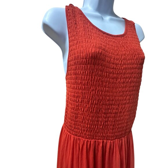 Smocked Bodice Sleeveless Red Midi Dress With Crisscross Back Medium - Picture 3 of 9